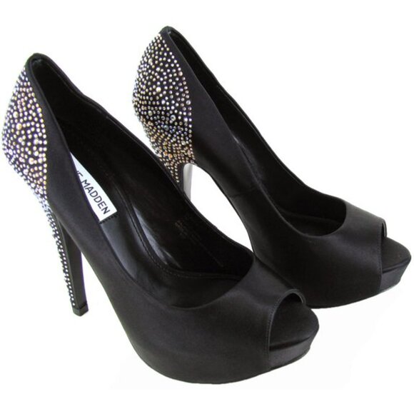 STEVE MADDEN Black Peeptoe Playy-R Rhinestone Beaded Stiletto Heels Size 6 - Picture 3 of 12